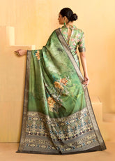 Khaki Green Tussar Silk Floral Print Saree
